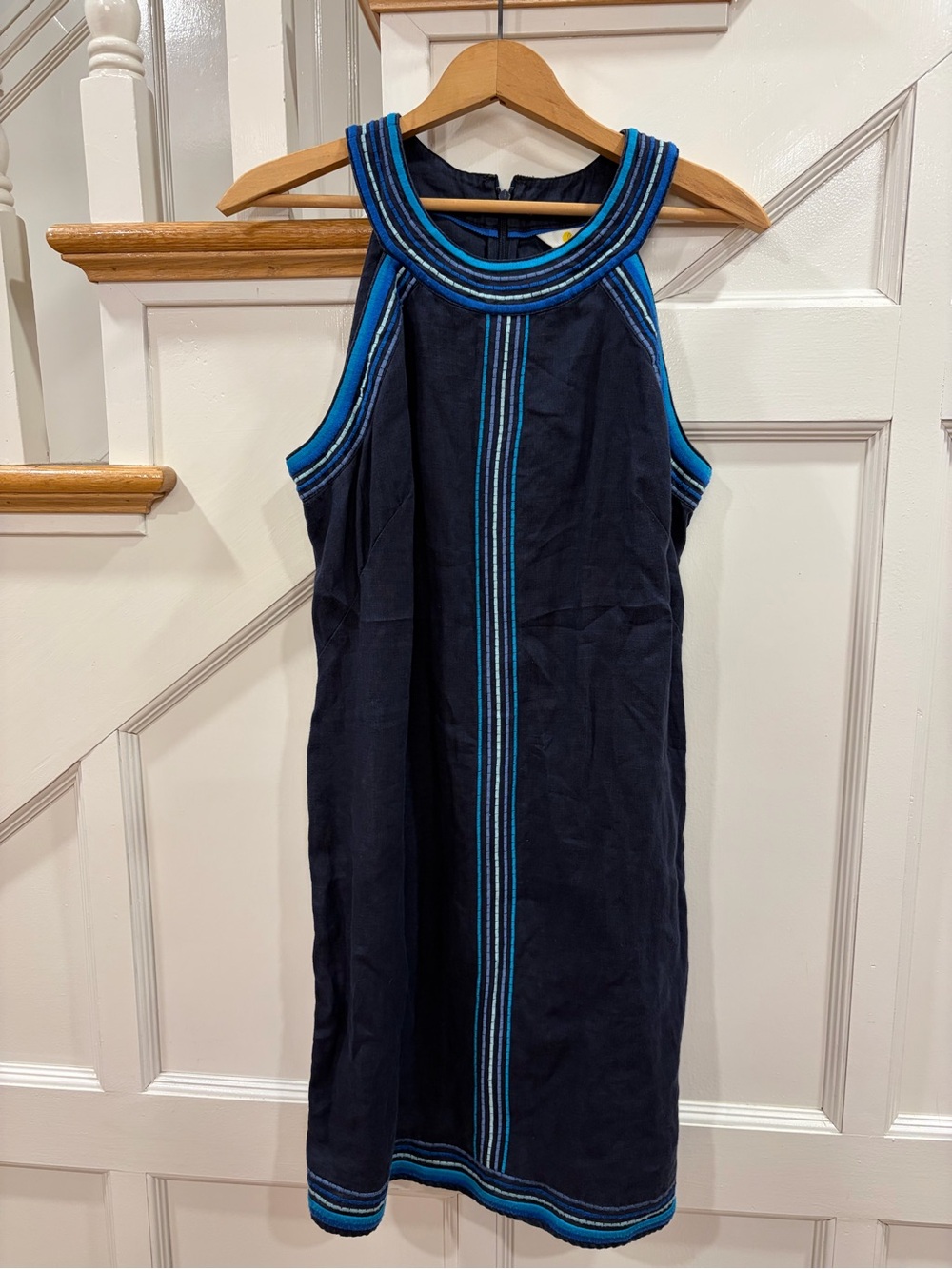 Boden Dollie Embroidered 100% Linen Dress navy blue contrast Halter US6 UK10